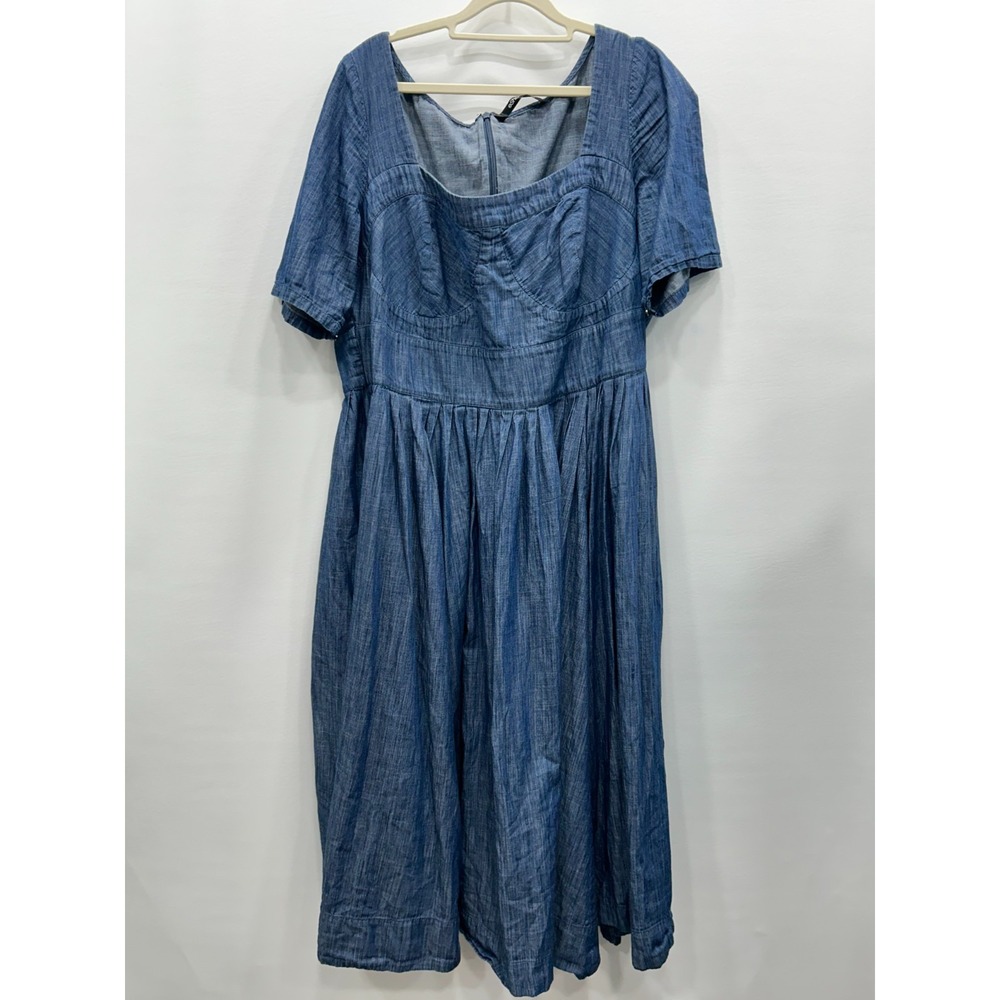 eShakti Dress Womens 2X Blue Chambray Cotton Square Neck Short Sleeve Midi Dress